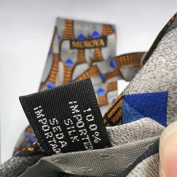 Muroya - Men’s Tie-58” Long-Gray Black Orange Modern Geometric Design - Silk-USA - Picture 6 of 7